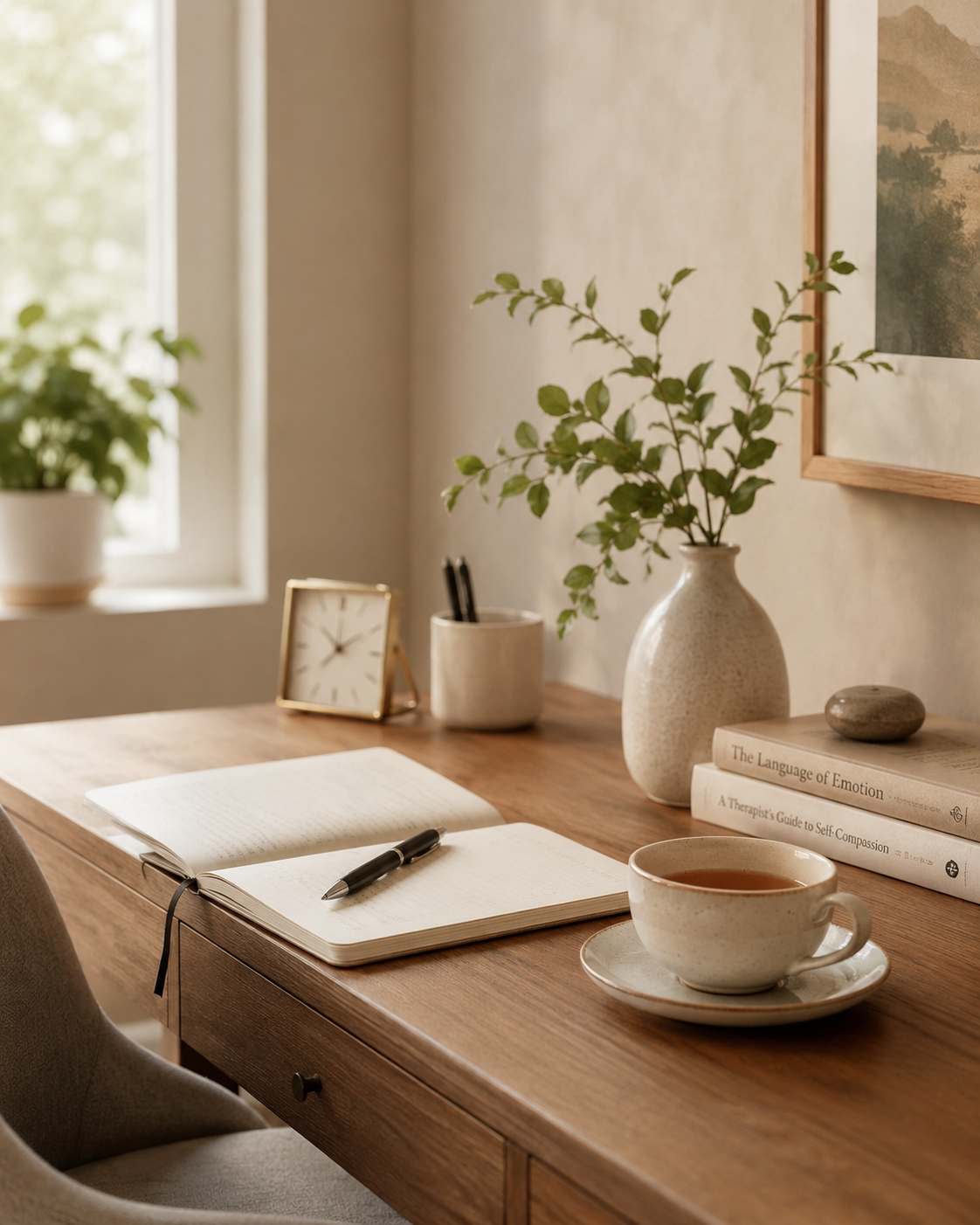 A calm office detail with notebook and tea representing therapy reflection