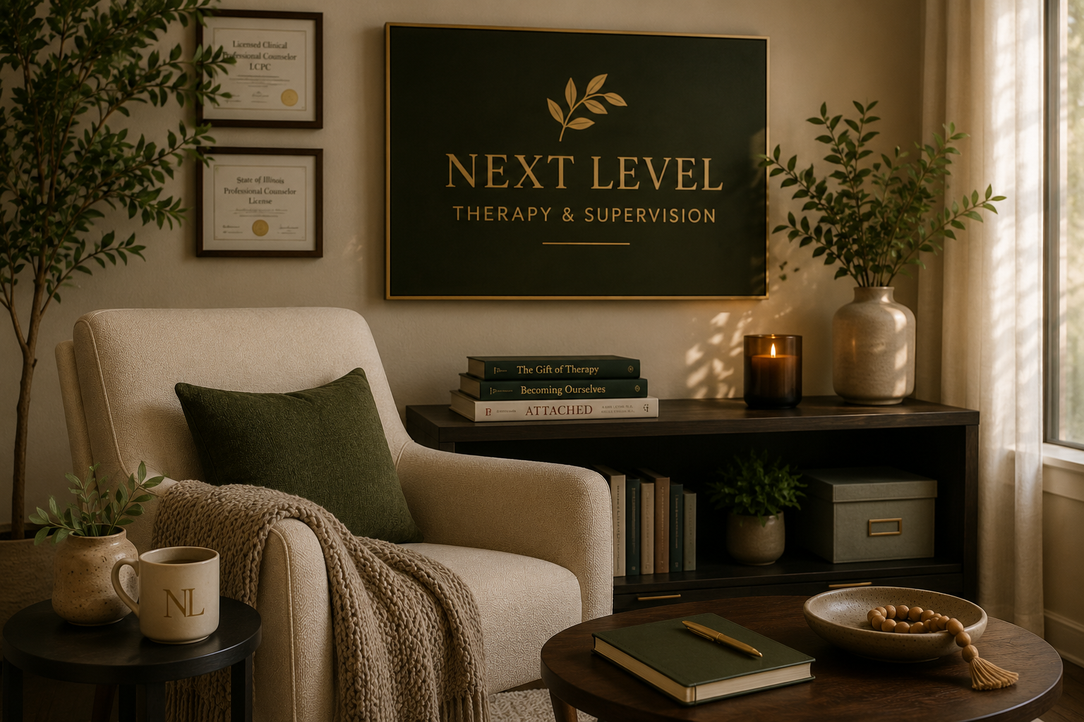 A peaceful therapy space with warm light and calming decor