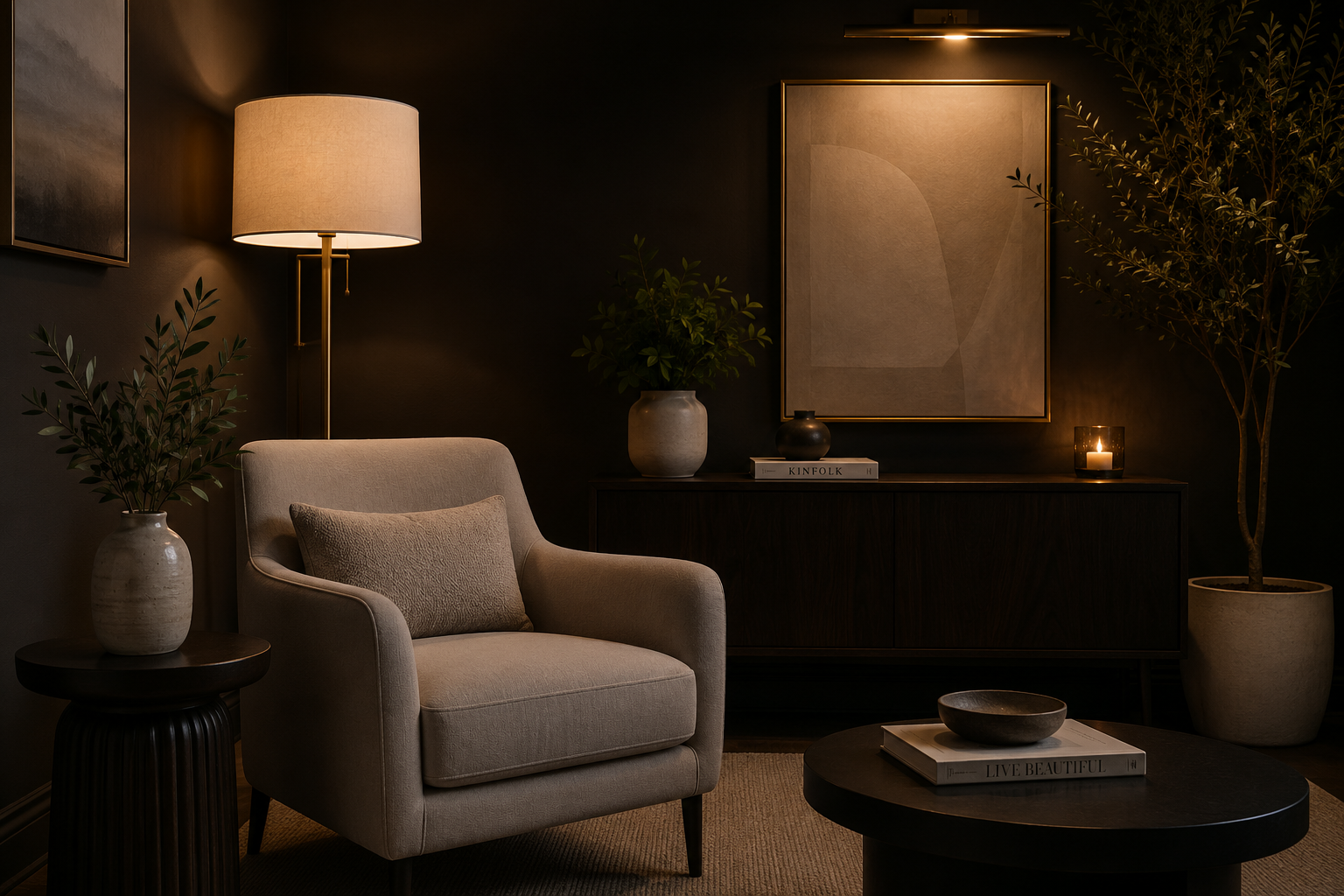 A warm dark therapy-inspired room representing healing and reflection