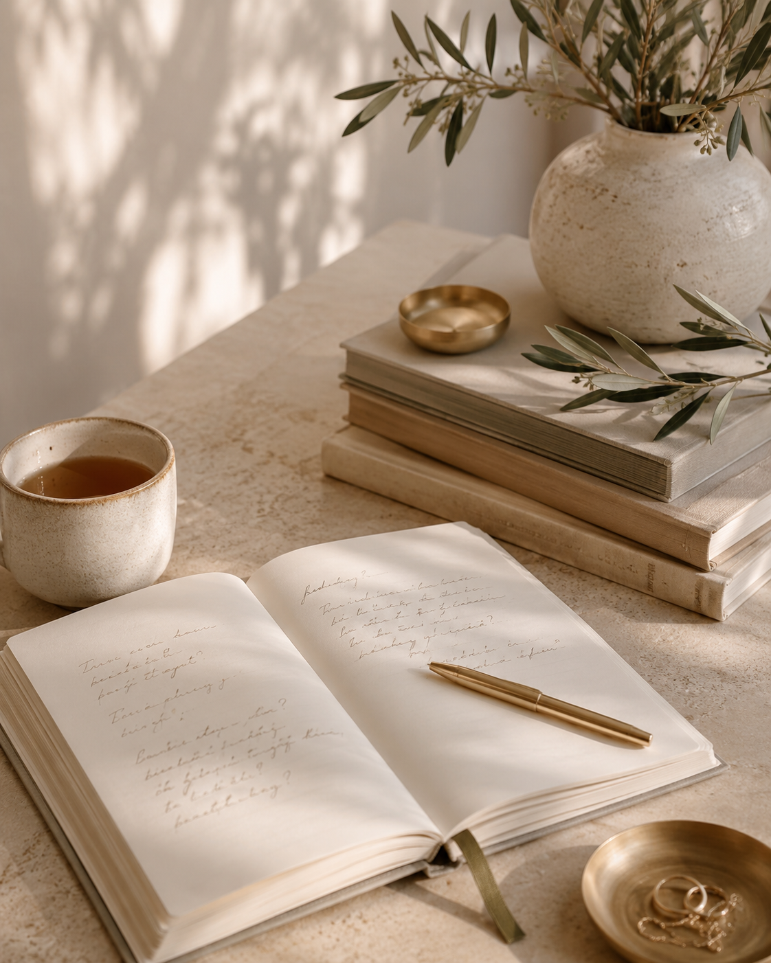A peaceful table with question cards and warm natural light representing clarity
