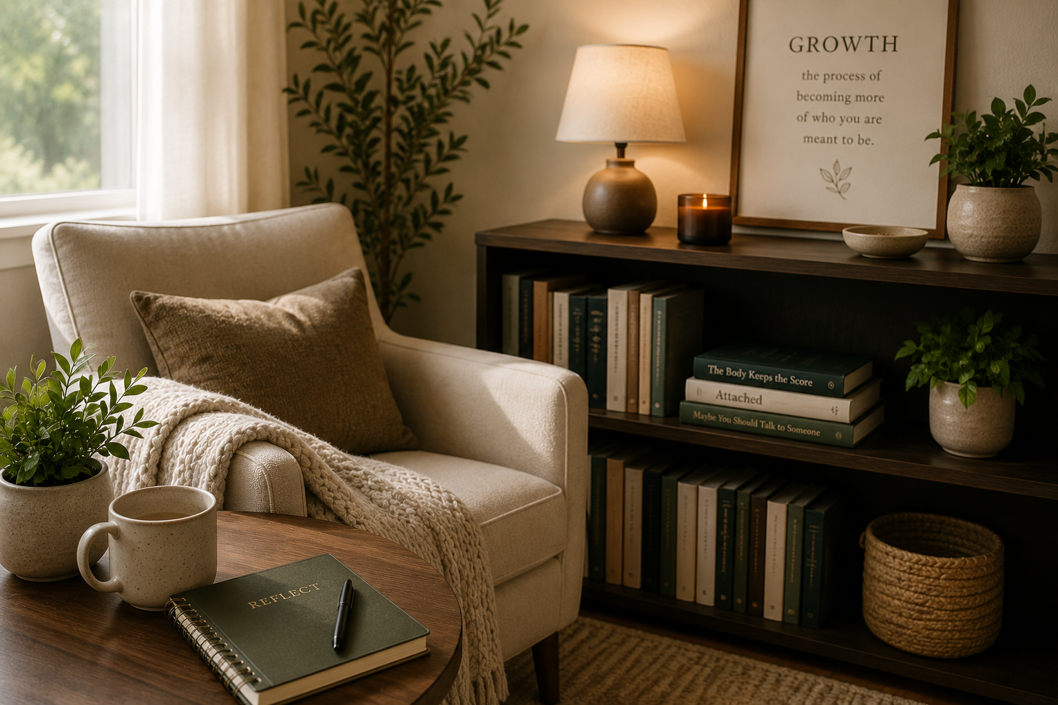 A calm reading nook with therapy books, journal, and warm lighting
