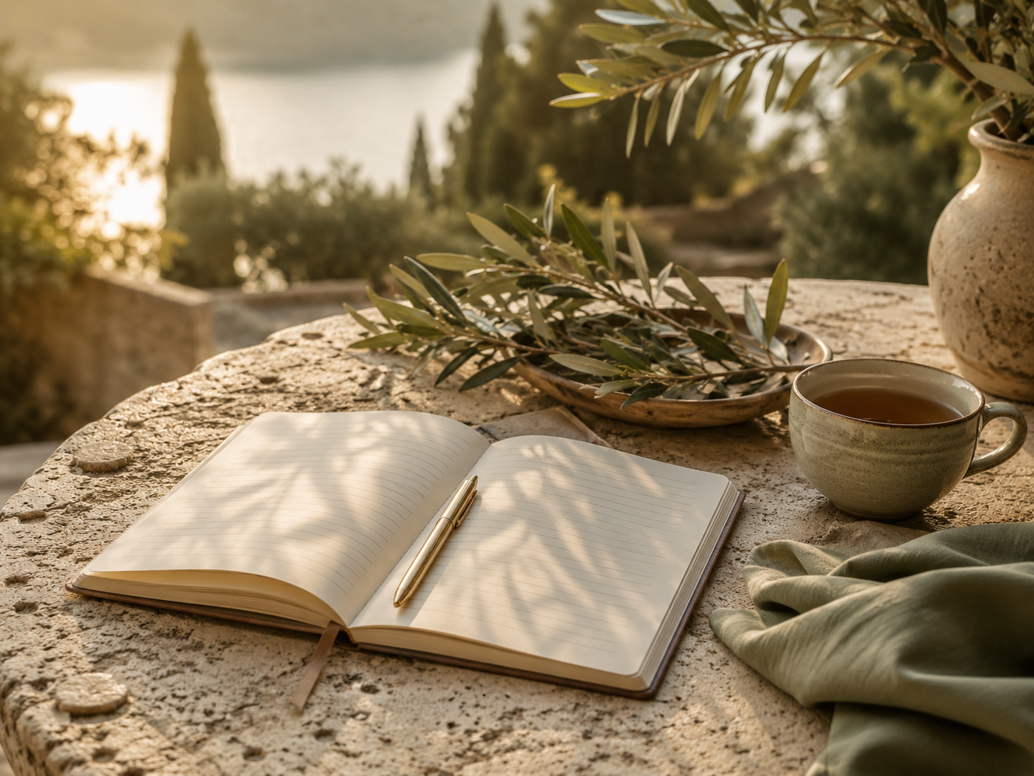 A calm journal, tea, and plant setup for reflection
